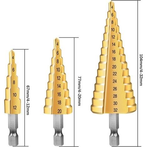 3PCS Foret Étagé Métal, 4-12/20/32mm Fraise Etage Metal Triangle Conique Titane, Meche Etage Tige à Hexagone pour Visseuse sur Métal Acier, Bois, Laiton, Aluminium, Plastique (1/3)