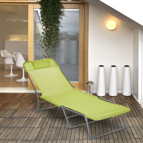 Transat inclinable et pliable vert avec coussin, dossier réglable sur 5 positions, chaise longue extérieure avec appuie-tête intégré. (1/5)