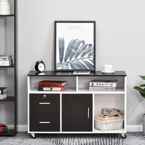 Noir Blanc 100x35x65 cm - Armoire à dossiers auxiliaire de mobilier de bureau avec roues Étagères et tiroirs Armerie polyvalente avec grand