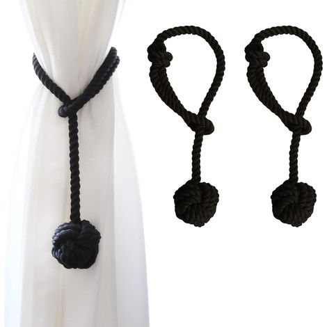 Lot de 2 embrasses de Rideaux avec Grande Boule tissée en Coton tissé à la Main pour Rideaux d'extérieur (Noir, 2) (1/5)