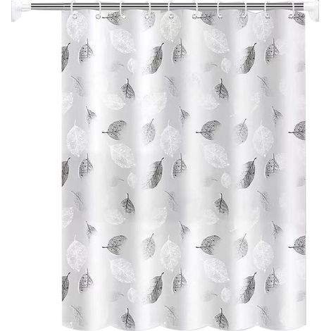 Rideau de Douche 180x200cm Gris Anti Moisissure Blanc la Feuille Lavable Rideau avec 12 Crochets à Rideaux. (1/5)