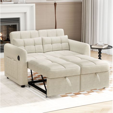 Canapé convertible 2 places 3-en-1– Lit gigogne double avec dossier réglable et port USB – Dimensions 142×85×83cm – Tissu lin beige (1/5)