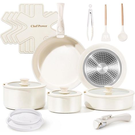 Ensemble de 19 pièces d'ustensiles de cuisine avec poignées amovibles, antiadhésif titane-céramique, pour toutes les plaques de cuisson, résistant au four, Blanc