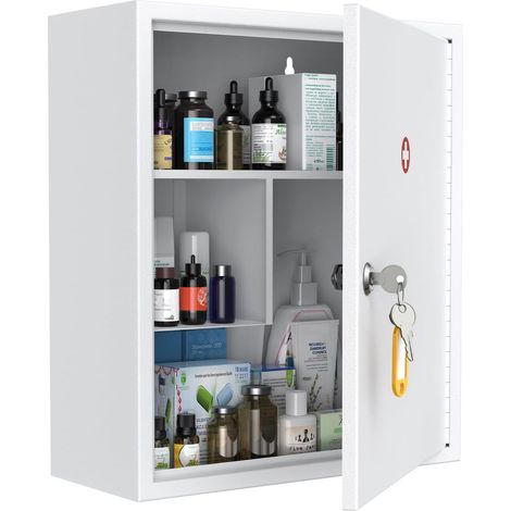 Cabinet de médicaments mural avec serrure à clé, armoire de premiers soins verrouillable, organisateur de médicaments de grande capacité, armoire murale en acier sécurisée (1/5)
