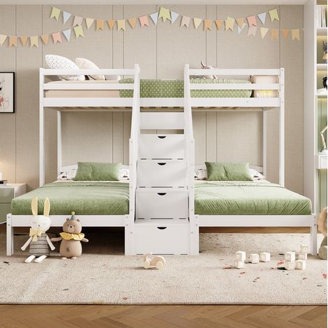 lit chambre adulte rangement 90x200 pin blanc 3 places HAVRYA (1/5)