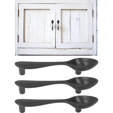 Tiradores de cocina de aleación de zinc negro: Juego de 3 tiradores gruesos estilo cubertería para puertas y cajones de armarios, alacenas y estanterías. (1/5)