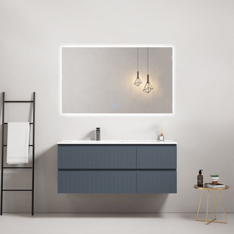 Mobile bagno sospeso cannettato 120 cm Blu Mare Lavabo a Sinistra in Ceramica Specchio Quadro Retroilluminato - Fiji Paint (1/4)