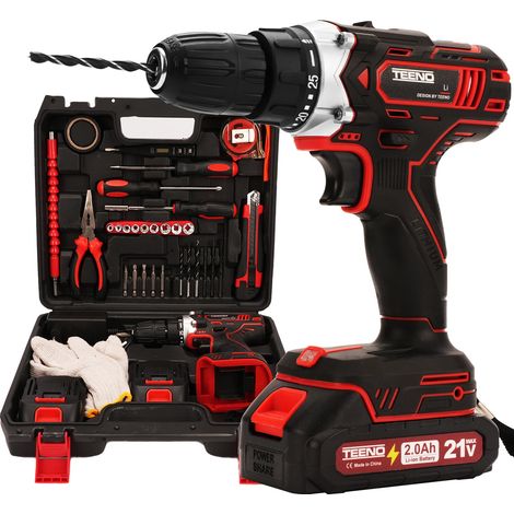 TEENO Avvitatore a batteria 21V Per Batteria Makita 21V 2 Batterie 2.0Ah,45 Nm Trapano Avvitatore Batteria, 25+1 Impostazione Coppia, 2 Velocità Cacciavite Elettrico, LED,46 Accessori e Valigetta (1/5)