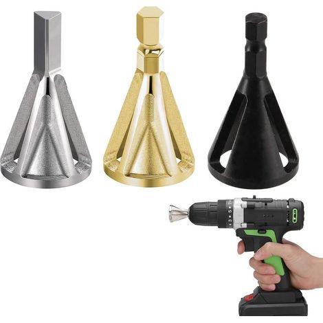 Externe D'éBavurage Outil à Chanfreiner,3 Pcs Deburring pour Les Forets,Externe D'éBavurage Outil à Chanfreiner Hexa et Triangulaire,Pour L'EnlèVement de Fraisage,Pour Divers Forets (Or, Rgent,Noir) (1/5)