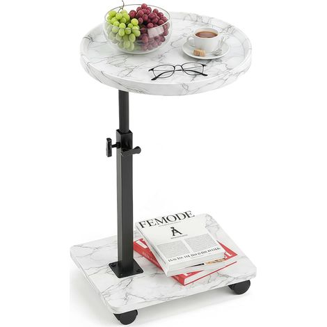 Table d'appoint en Forme de C réglable en Hauteur pour canapé, Rotation à 360°, Plateau TV, Tables Basses coulissantes en Dessous (Rund – Weißer Marmor-01) (1/5)