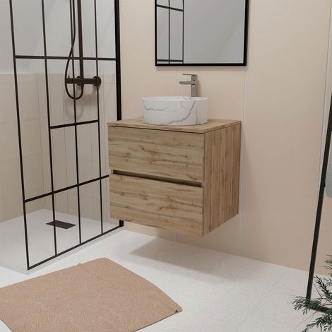 Mueble de Baño 60cm Roble 2 Cajones + Lavabo Blanco Ø36cm Efecto Mármol