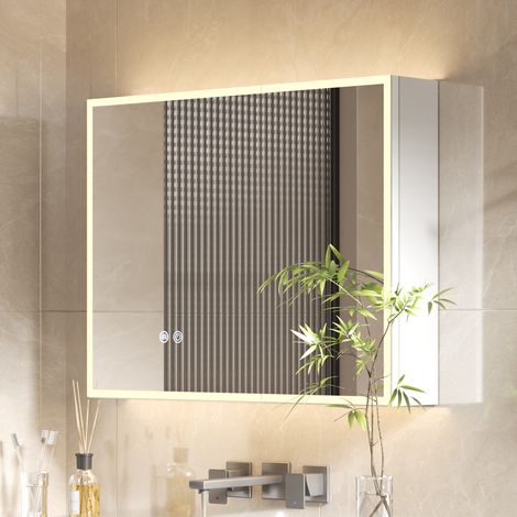 AquaWise Armoire Miroir de Salle de Bain 75x60cm Livrée MONTÉE avec Prise & USB, Anti-buée & 3 Couleurs, Étagères Réglables, Miroir de Rangement 2 Portes Polyvalent
