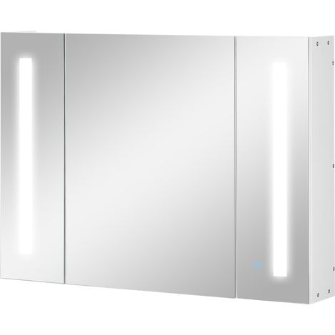 Armadietto Specchiera da Bagno con 3 Armadietti 90x15x65 cm 3 Ripiani e Luce LED Bianco (1/5)