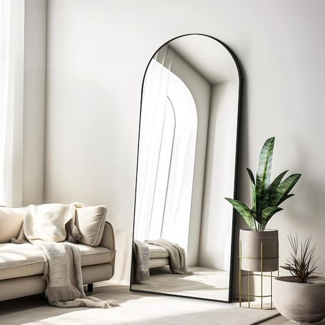 Miroir sur Pied Arqué, Grand Miroir Mural avec Cadre en Aluminium 165 x 60 cm, Miroir sur Pied Penché ou Suspendu pour Salon, Chambre, Entrée, Noir (1/5)