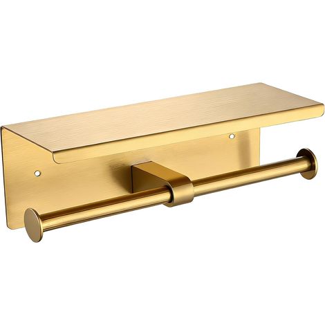 Porte-rouleau de papier toilette double doré avec étagère, acier (1/4)