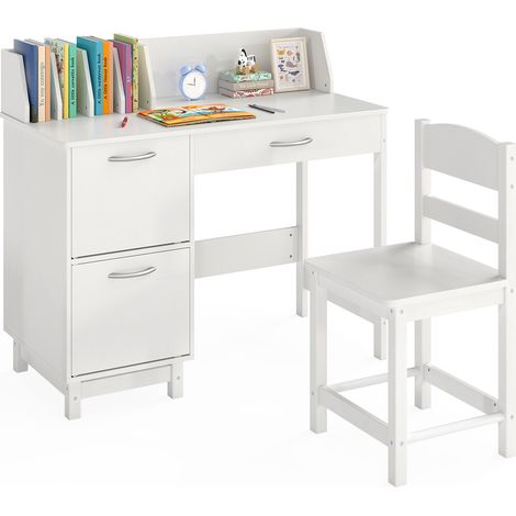 Bureau enfant blanc avec chaise en bois, tiroir, 2 placards et 4 casiers pour chambre, salle de jeux et étude (1/5)