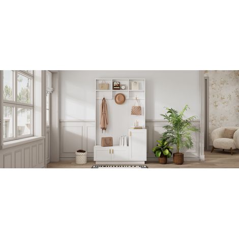 Ensemble d'entrée avec banquette et étagère à chaussures, meuble multifonctionnel à 3 patères et compartiment ouvert, rangement rectangulaire pour couloir, blanc, dimensions : H 200 cm / L 120 cm / P (1/5)