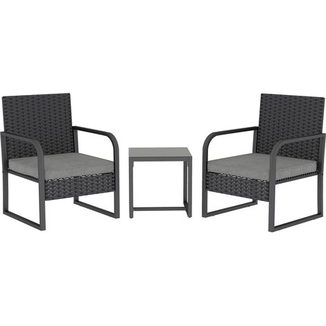 Ensemble de jardin en rotin avec 2 fauteuils d'extérieur et table basse en verre, noir idéal pour aménager votre terrasse, balcon ou jardin, alliant confort et durabilité pour vos moments de détent...