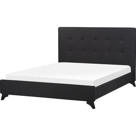 Cama con somier de poliéster negro 140 x 200 cm cabecero acolchado somier patas madera caucho Ambassador