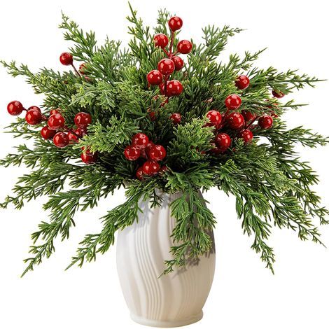 Navidad artificial verde, 20 ramas de pino y ciprés de 27 cm + 10 bayas rojas de 15,5 cm, manualidades DIY, decoración para el hogar (1/5)