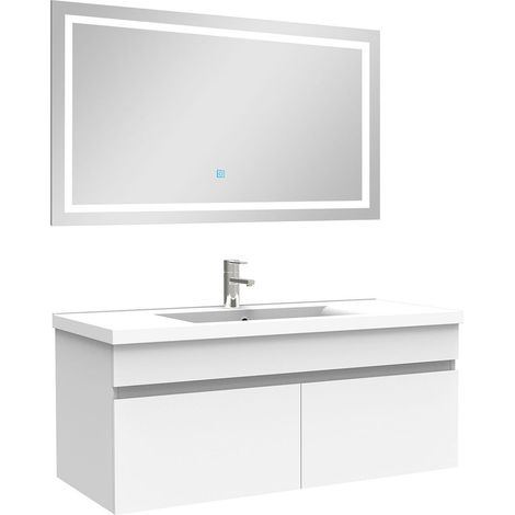 Ocean Ensemble meuble Salle de Bain 100cm Blanc simple vasque + miroir lumineux 3 couleurs + dimmable