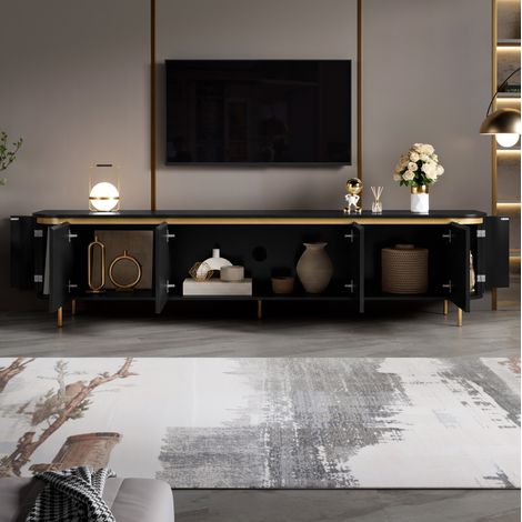 MODFU – Mobile TV 180x38x46 cm con 6 ante senza maniglia, passacavi, struttura in MDF e gambe in metallo, carico 50 kg – Nero (1/5)