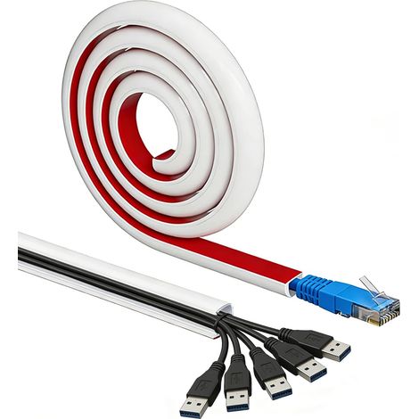 Goulotte de câble autocollante blanche - 1 m x 18 mm - Goulotte de câble flexible murale Passe-câbles semi-circulaires en PVC pour murs, sols, plafonds, carreaux, maison et bureau (1/5)