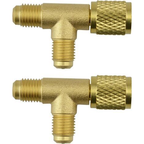 Set aus 2 Schnellkupplungs-T-Stücken, SAE 1/4'' Ventil-T-Adaptern mit Drehgelenkanschluss, kompatibel mit Tiefvakuumpumpenverteilern der Kaliber R22, R12 und R134. (1/5)