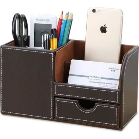 Porte-Stylo - Boîte Rangement Bureau Papeterie Étudiant - Cuir PU Intérieur Flanelle - Tiroir Intégré 4 Compartiments - Marron - 22 x 10,5 x 12,3 cm - 1 Pièce (1/4)