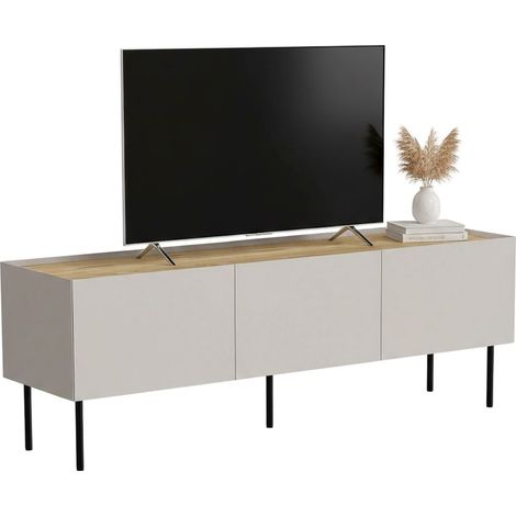 Mobile porta TV Calanna, Madia da salotto con tre ante battenti e tre vani interni, Rialzato da terra, 150x40 h52 cm, Beige e Rovere