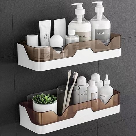 Set of 2 shower shelves, no drilling required, wall-mounted shower storage baskets (gold). (1/5)