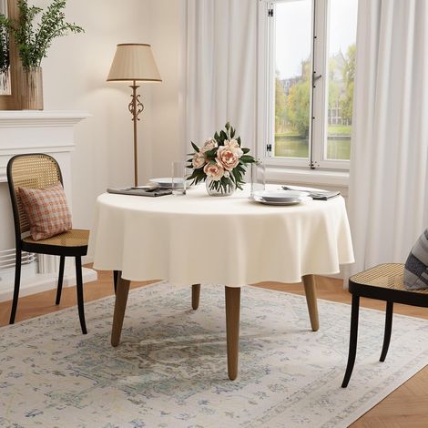 1 Nappe Ronde 140 cm Beige, Infroissable Polyester, Lavable Machine, Salle à Manger Jardin Fête