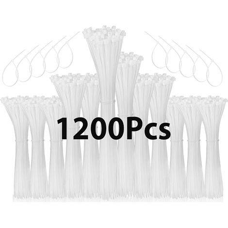Lot de 1200 serre-câbles blancs, 100/150/200/250 mm résistant aux UV, serre-câbles en nylon autobloquant pour la gestion des câbles, jardinage, maison (1/5)