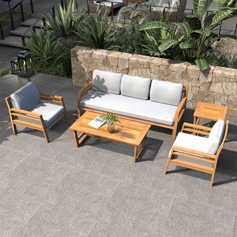 Abrihome 6-Piece Acacia Wood Garden Set – 3-Seater, 2 Armchairs, Coffee Table and Side Table, with Olefin Cushions, Teak Finish