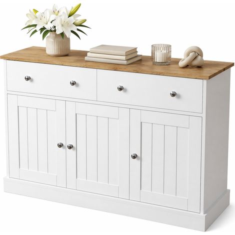 Sideboard blanc et bois avec 3 portes, 2 tiroirs, texture en relief, poignées argentées et ouverture push-to-open, meuble de rangement élégant - CHICFURN (1/5)
