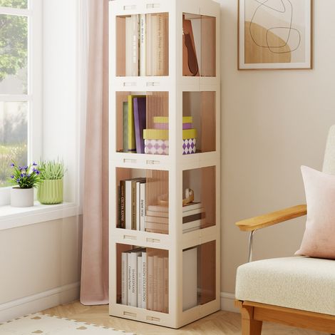 Bibliothèque Pliante Rotative Étagère Tournante à 360° Bibliothèque à 4 Niveaux Étagère d'Angle Haute Organisateur de Rangement Blanc (1/3)