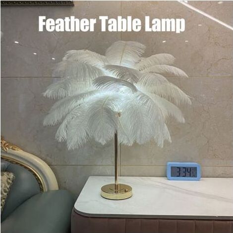 Lampe à poser en plumes d'autruche – Abat-jour 40 cm – Hauteur 50 cm – Éclairage LED rechargeable – Lumière chaude et neutre