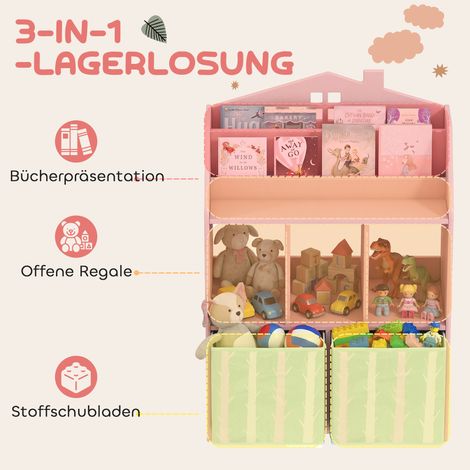 Meuble de rangement enfant avec 2 tiroirs en textile, étagère ouverte, pour 3-8 ans, 62,5 x 30 x 91,5 cm, rose (1/4)