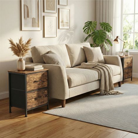 Table de Chevet avec 2 Tiroirs, Lot de 2, pour Chambre, Marron et Noir (1/5)