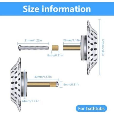 Bonde de baignoire 2 en 1 avec filtre à cheveux, bonde de baignoire, noyau à ressort, bonde de baignoire en acier inoxydable et laiton, Ø 72 mm - Antirouille Bonde de baignoire réglab (1/2)