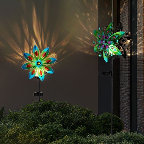 Gartendeko Windrad LED Solarlampe Terrassenlampe bunt Außenlampe Erdspieß, Metall kupferfarben, Bruchglas, warmweiß, 2er Set