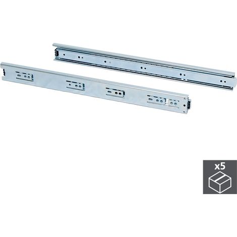 Emuca Lotto di 5 set guide per cassetti, a sfera, altezza 45 mm, profondità 600 mm, estrazione totale, Zincato bianco