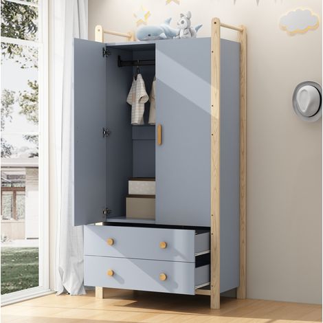 Armadio 89.6x44x180.5 cm blu e pino in MDF e legno massello con asta appendiabiti e 2 cassetti (1/5)