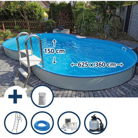 Stahlwandpool Set (9-teil) halbhoch achtform Cannes 625x360x150cm, Stahl 0,8mm weiß Folie 0,6mm bl. (1/5)