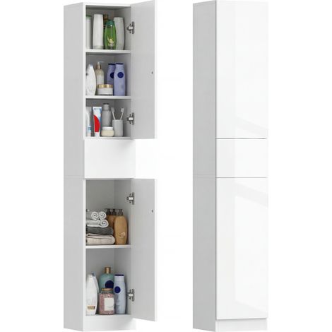 Columna de baño con cajón y 2 armarios, blanco brillante, 30x28x170cm (1/5)