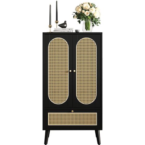 Aparador compacto de 110 cm con 2 puertas, 1 cajón y frente de ratán, en negro, con 2 baldas interiores y patas regulables para salón o recibidor  CHICFURN (1/5)