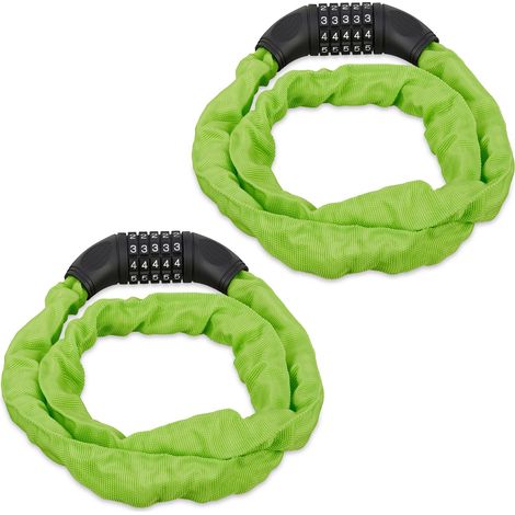 2x Lucchetto a Combinazione per Bicicletta, Catenaccio Sicurezza con Codice a 5 Cifre, in Acciaio, 120 cm, Verde