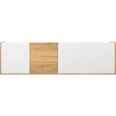 Meuble tv blanc et bois avec panneau mural ou pose au sol, design moderne et pratique