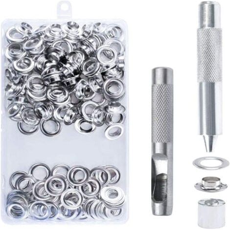 100pcs Kit de Grommets Eyelets Outils, 10mm Oeillets pour Baches, Trousse à Oeillets, Grommet Kit avec 3 Pièces Outil, Oeillets pour Bâche, Chaussures, Vêtements, Tentes (1/5)