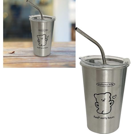 500-ml-Thermosbecher aus Edelstahl mit Metallstrohhalm, Reisebecher für Eiskaffee, Kaffee, Wasser, Tee, Happy Bear (1/5)